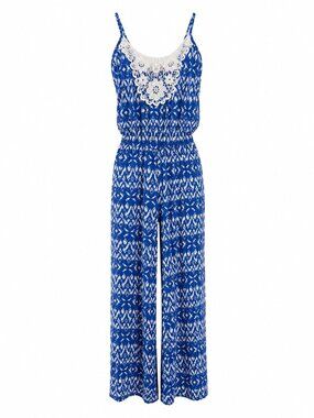 Blue Sleeveless Jumpsuit With Crochet Neckline & Ikat Print Stretch Fabric Size